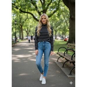 Víctor Alfaro Blue Silver Striped Turtleneck Top Blouse Size S Excellent...